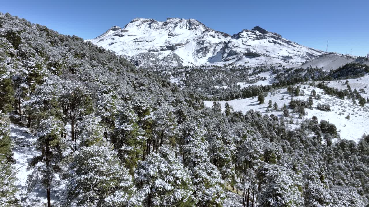 The breathtaking sight of Iztaccihuatl volcano in Mexico, fully covered in snow. This aerial footage highlights the majestic volcano's transformation after a heavy storm