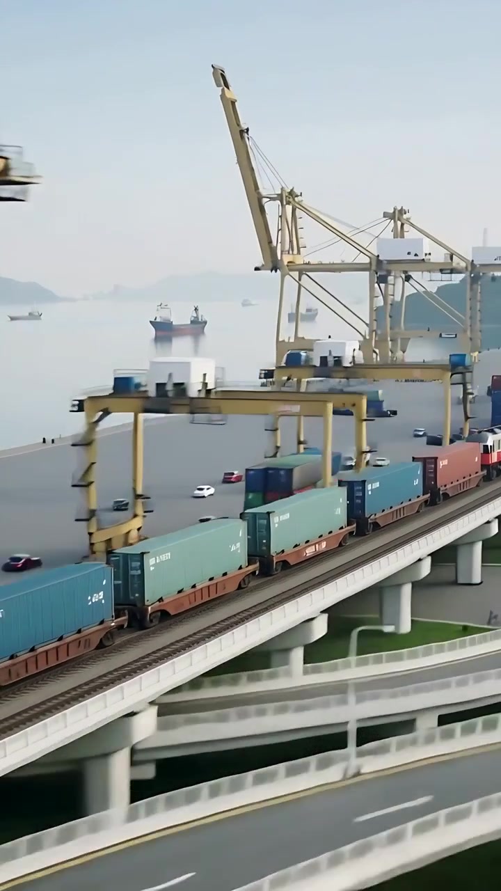 Vertical video: Camera tracking white-red loco hauling containers on viaduct at port, with cranes