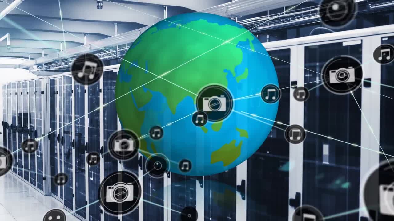 Animation of network of connection and globe with icons over server room