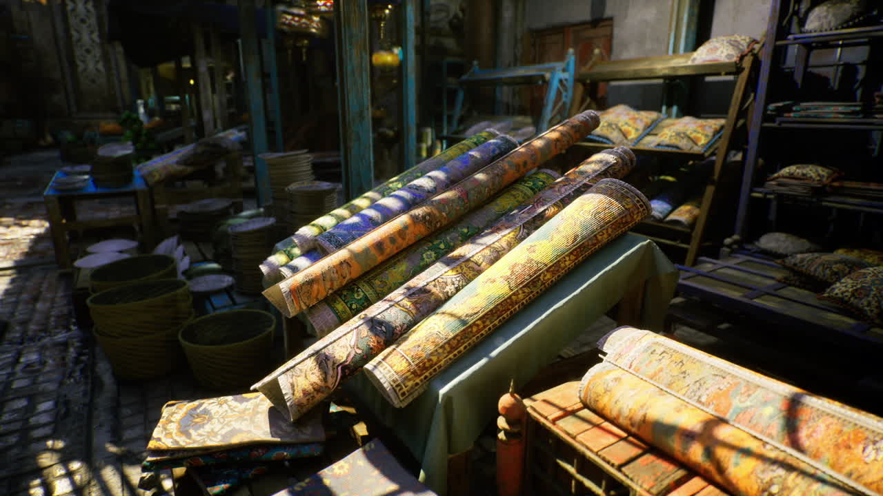 Oldworld egyptian marketplace filled with striking fabrics and shadows