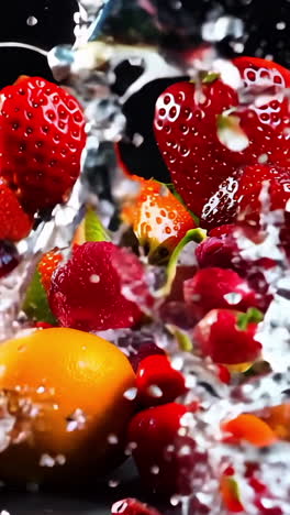 fresh fruit splash with strawberries, lemons, and kiwi in studio. colorful fruits burst into the air as water splashes around them, creating a vibrant display of fresh produce.