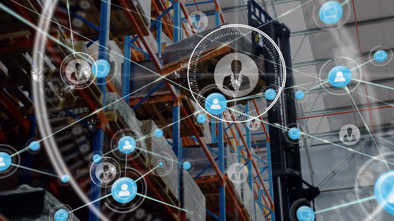 animación de la red de conexiones con los iconos de las personas sobre el almacén