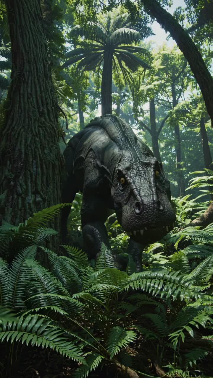 Fotogramma video cinematografico di un dinosauro in una giungla lussureggiante, ripreso da una angolazione bassa