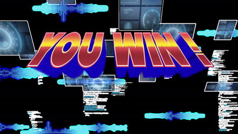 animation of you win in digital abstract space with screens