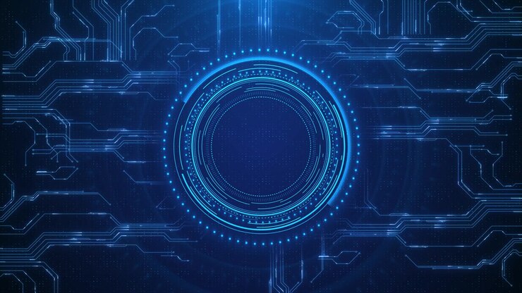 Interfaccia circuito HUD circolare blu, anelli ciano luminosi, linee elettroniche, particelle puntinate, tecnologia scura