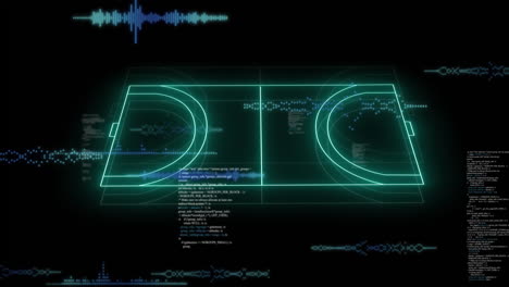 animación del procesamiento de datos financieros sobre el campo deportivo