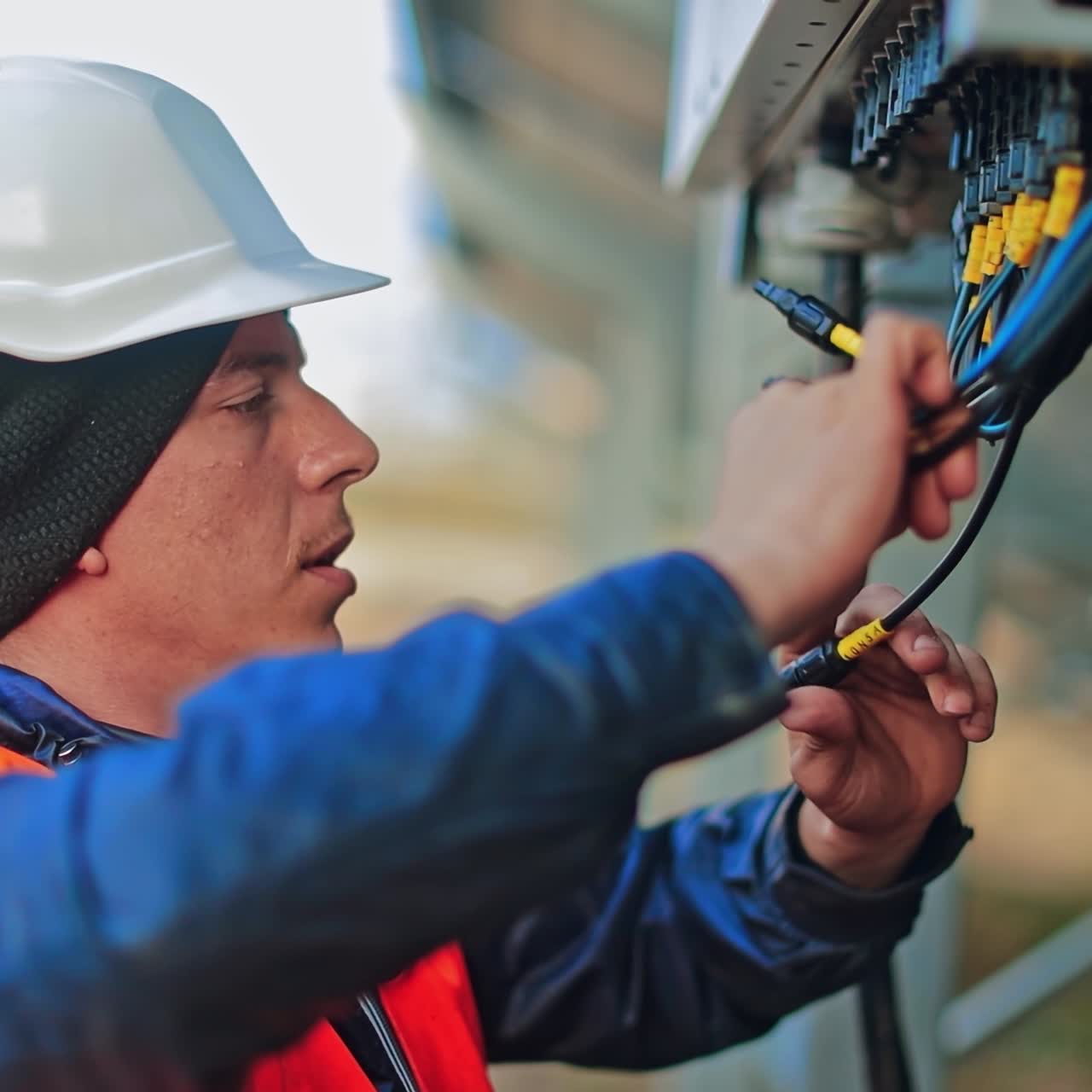 Worker checking solar cell system