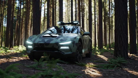 camouflage suv in a forest