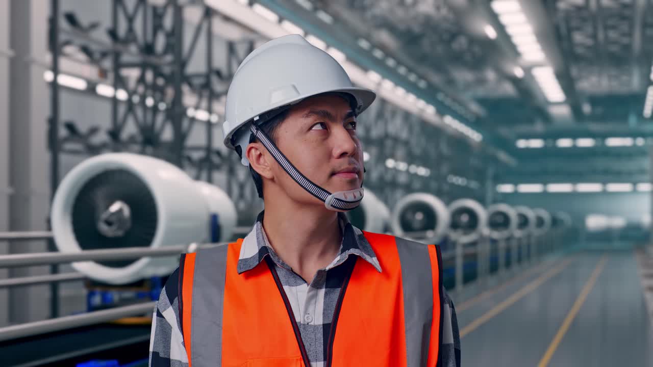 Primer plano de un ingeniero asiático con casco de seguridad, de pie y observando el entorno, en la línea de fabricación y montaje de motores de avión de una fábrica moderna.