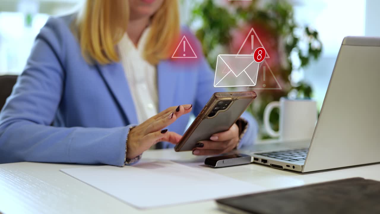Young businesswoman using a smartphone, receiving dangerous messages with warning signs representing viruses, cyberattacks and cyber security issues