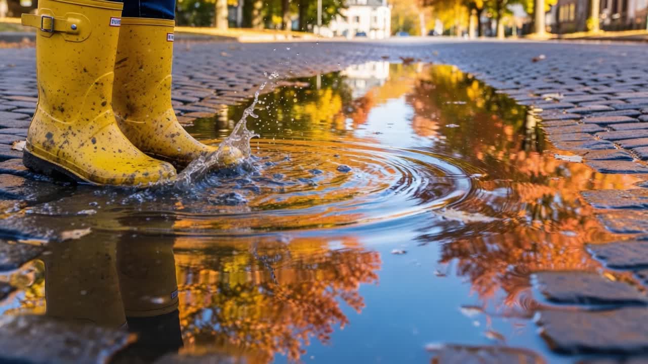 A pair of yellow rain boots standing in a puddle on a cobblestone street, reflecting the vibrant autumn colors of the surrounding trees and creating circular water ripples