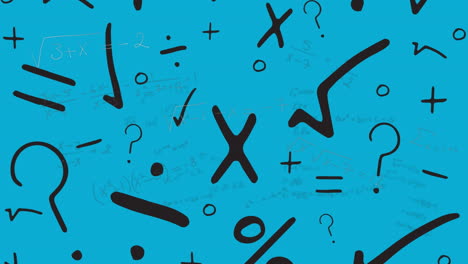 símbolos matemáticos y ecuaciones flotando contra el icono del edificio de la escuela en fondo azul