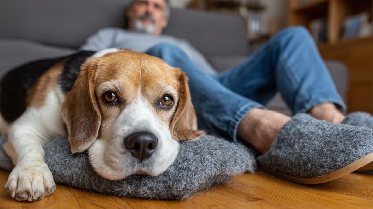 A Cozy Companion: A Beagle Relaxing on a Plush Pillow by a Calm Owner in a Comfortable Living Room Setting
