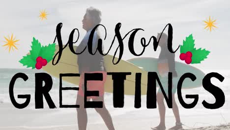 animation of season greetings text over senior biracial couple at beach