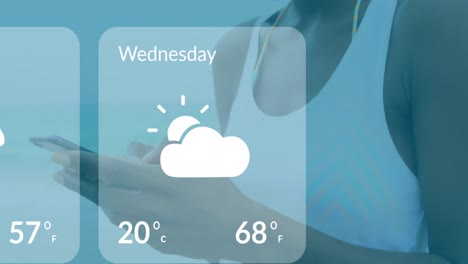 animation of weather forecast overhands of african american woman using smartphone