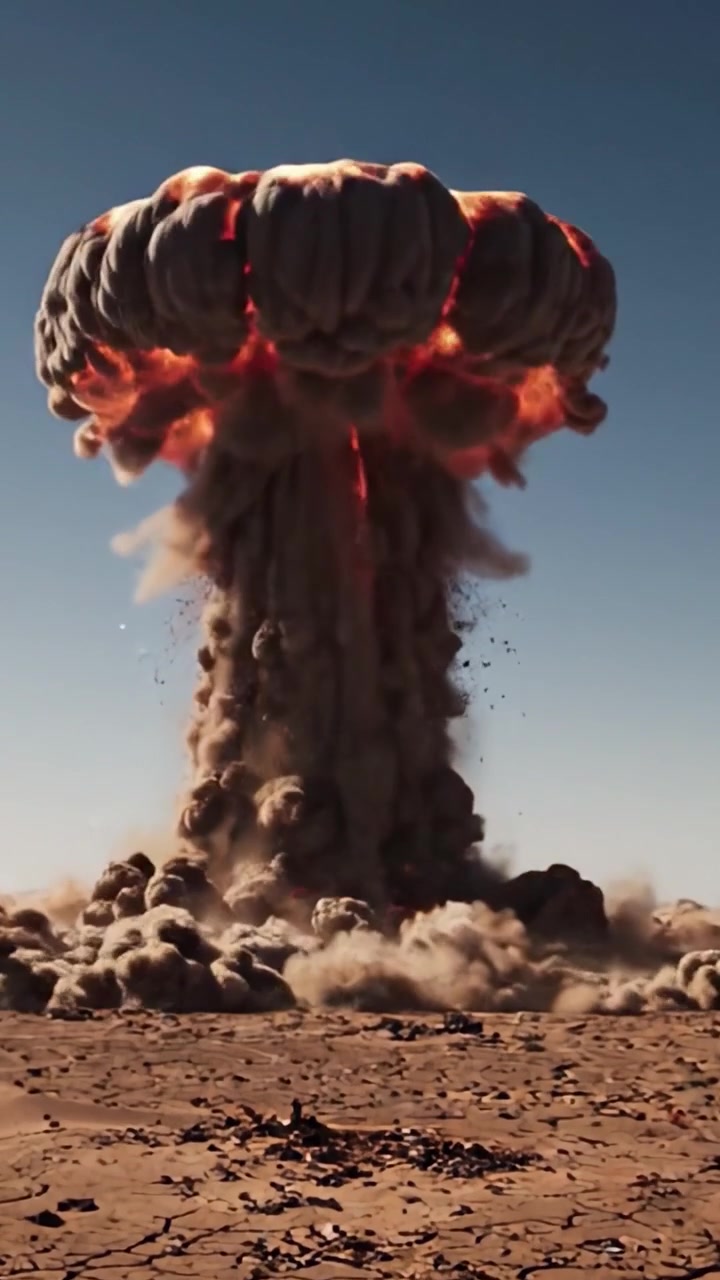 Massive Explosion in Wüstenlandschaft: Dieses Video zeigt eine dramatische Abfolge explosiver Ereignisse mit einer kolossalen Wolkenbildung und einer gewaltigen Schockwelle, die die Umwelt beeinflusst.