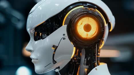 a close up of a robot head with a glowing eye