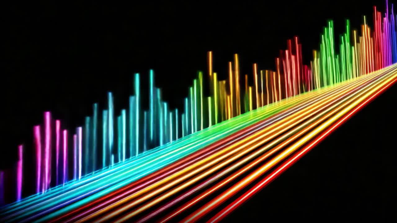 Vibrant Colorful Sound Wave Visualization with Abstract Bars and Lines Representing Music Dynamics Against a Dark Background for Visual Entertainment and Analysis