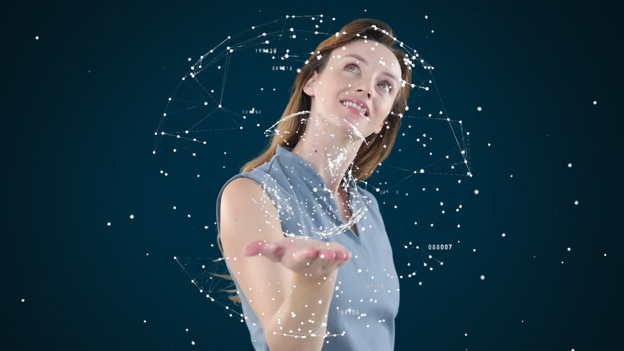 animación de una mujer caucásica usando una pantalla interactiva en 3d