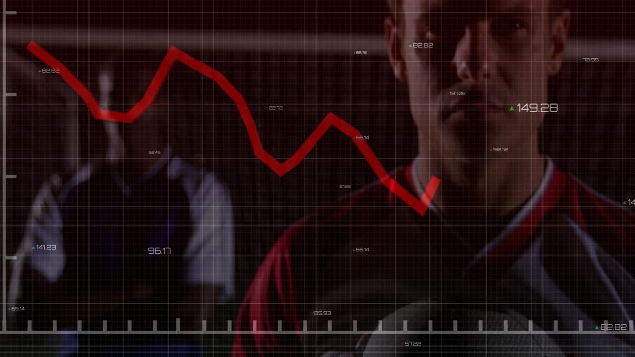Animation of red downward trend line over athletes holding soccer balls on field
