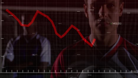 animation of red downward trend line over athletes holding soccer balls on field