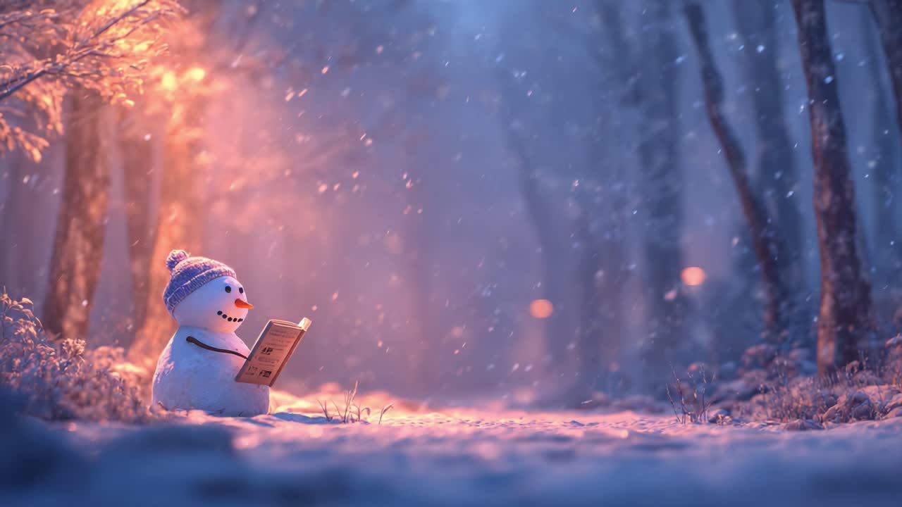 A Charming Snowman Reads Under Glittering Snowflakes in a Serene Winter Forest, Creating a Magical Scene of Winter Wonder and Imagination