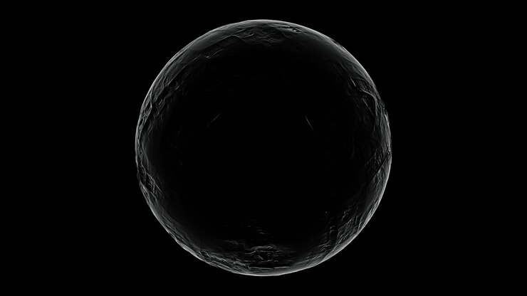 Reunavalaistu tumma kivinen asteroidi tai planeetta pyörii hitaasti täysin mustaa avaruutta vasten tieteellisessä tähtitieteen simulaatiossa