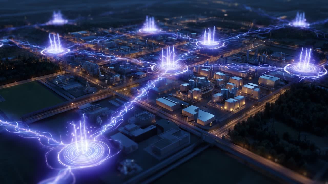 An Aerial View of a Futuristic Cityscape Illuminated by Intense Streams of Electric Energy, Showcasing Advanced Technology and Connectivity in an Urban Landscape at Night