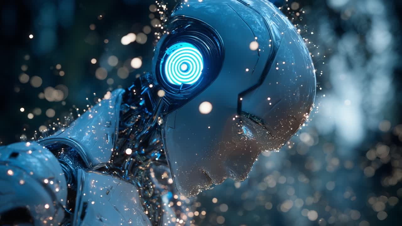 Profile view of a sophisticated humanoid robot with a glowing blue optical sensor, processing information amidst a flurry of sparkling data particles against a futuristic, abstract background