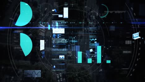 Animation of data processing and scope scanning over cityscape