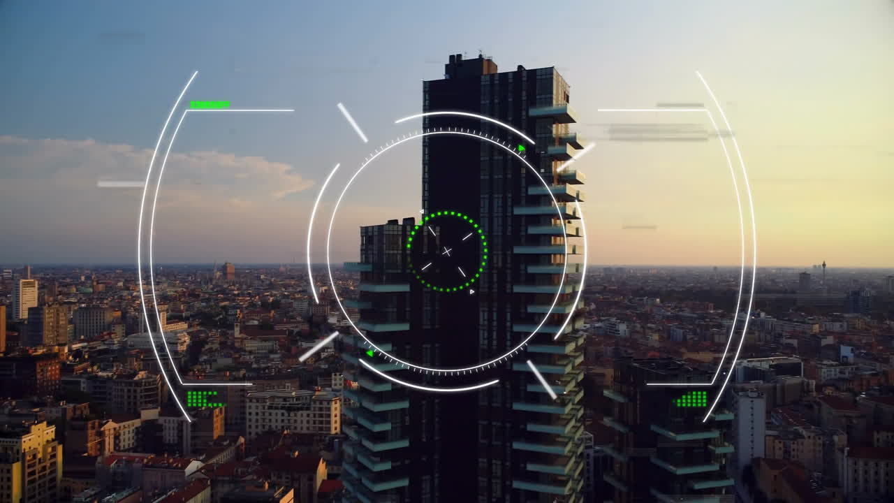 Animazione di targeting su skyline con grattacieli al tramonto