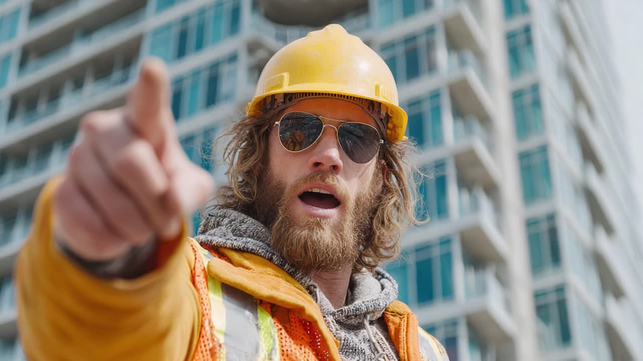 A confident construction worker passionately directing operations on-site, showcasing leadership and professionalism while donning a hard hat and protective eyewear
