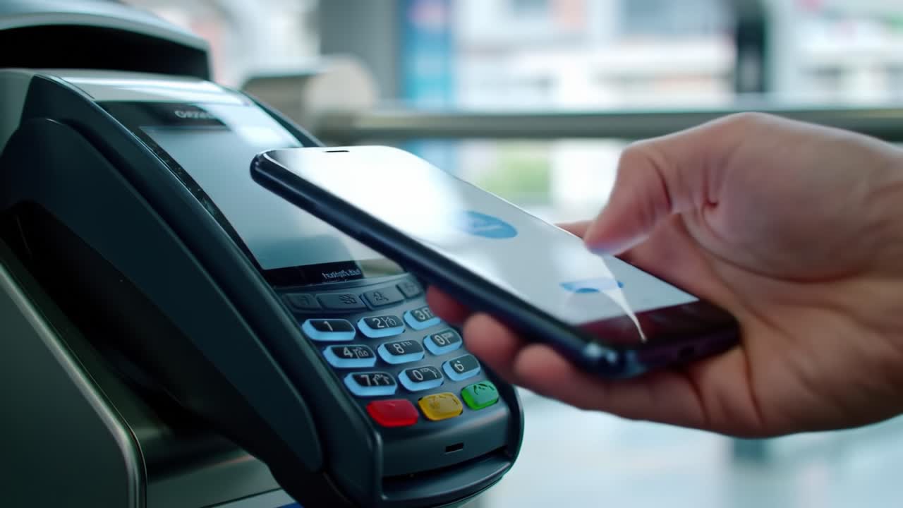 Mobile Payment Technology: The Future of Transactions with Contactless Payment Systems Seen as a Hand Holds a Smartphone Above a Payment Terminal Device