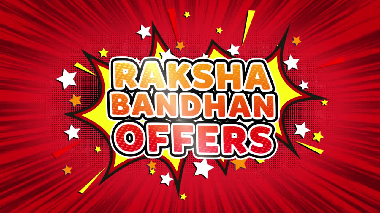 Testo 'Offerte Raksha Bandhan' in stile pop art, espressione a nuvoletta fumetto retrò, illustrazione a cartone animato