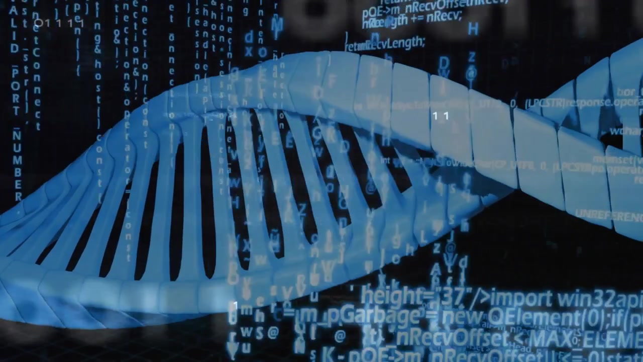 Helix rotating left to right upon binary code fading in revealing side, code drifting for demo
