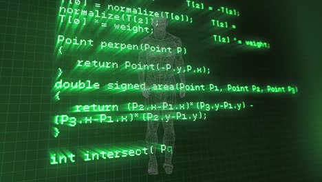 animation of data processing over walking human body model in green space