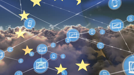 animation of network of connection and icons over ue flag and cloudy sky