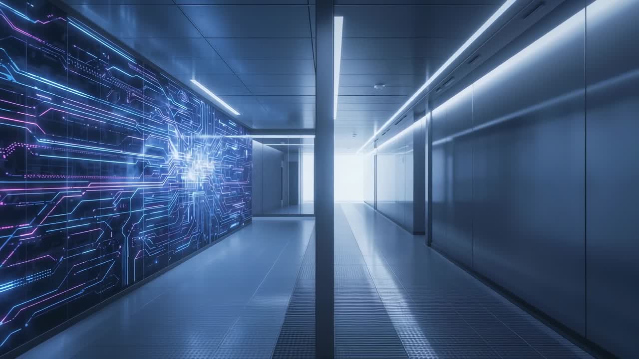 Pulsing circuit board flashing lights in corridor, directing toward bright portal before looping