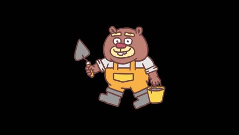 el castor constructor sostiene la paleta y el cubo con cemento y camina. animación cuadro por cuadro. canal alfa
