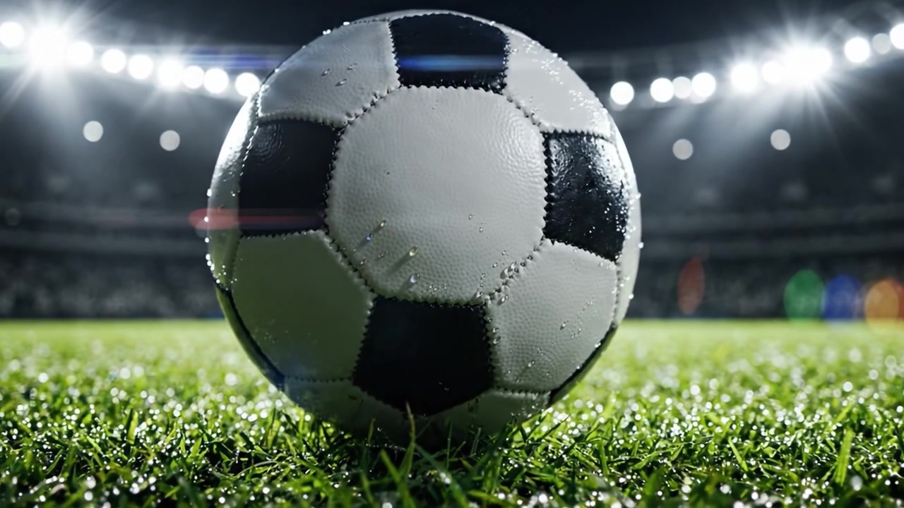 Ein glänzender Fußball inmitten von taufrischem Gras auf einem lebendigen Stadionfeld, strahlend unter hellen Lichtern, perfekt, um die Leidenschaft des Spiels hervorzuheben.
