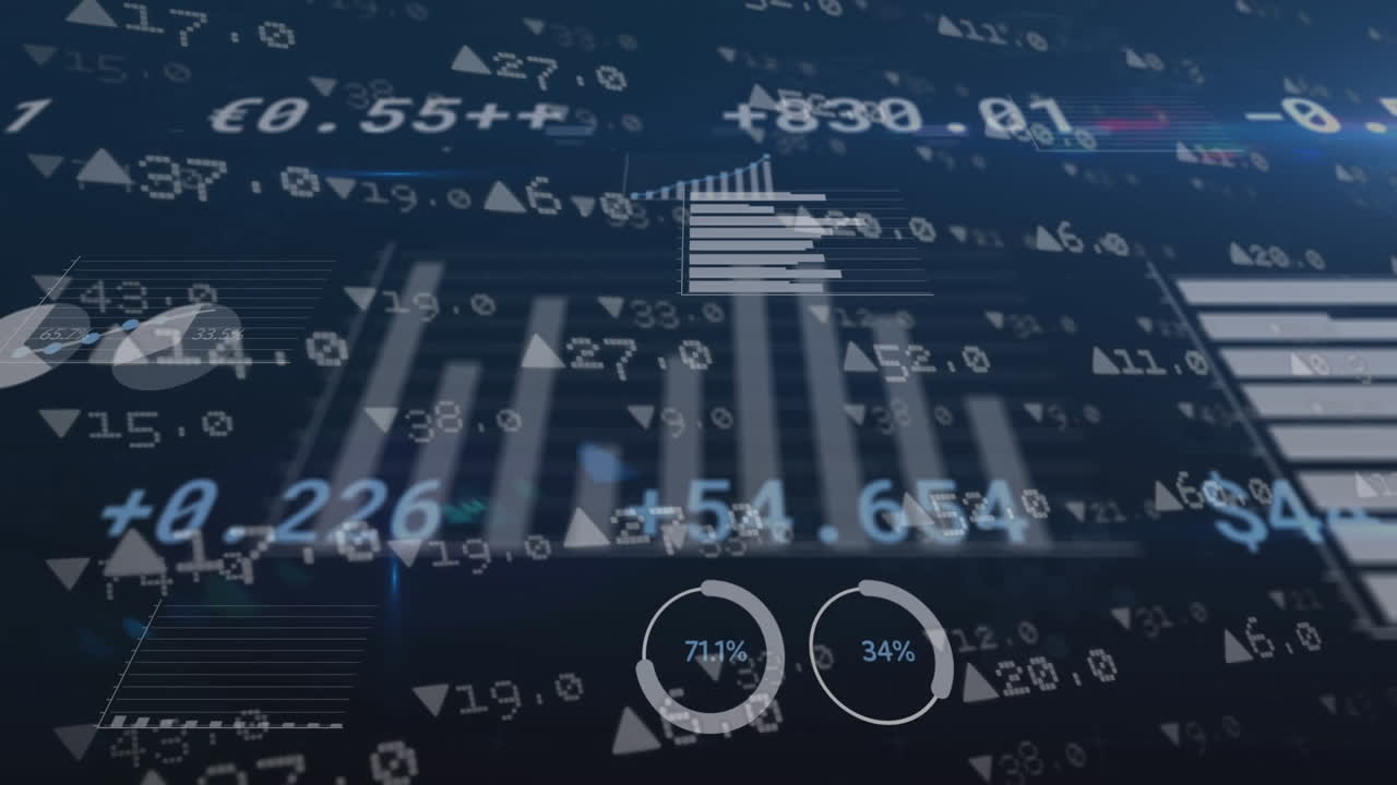 Animation of data processing and diagrams on black background