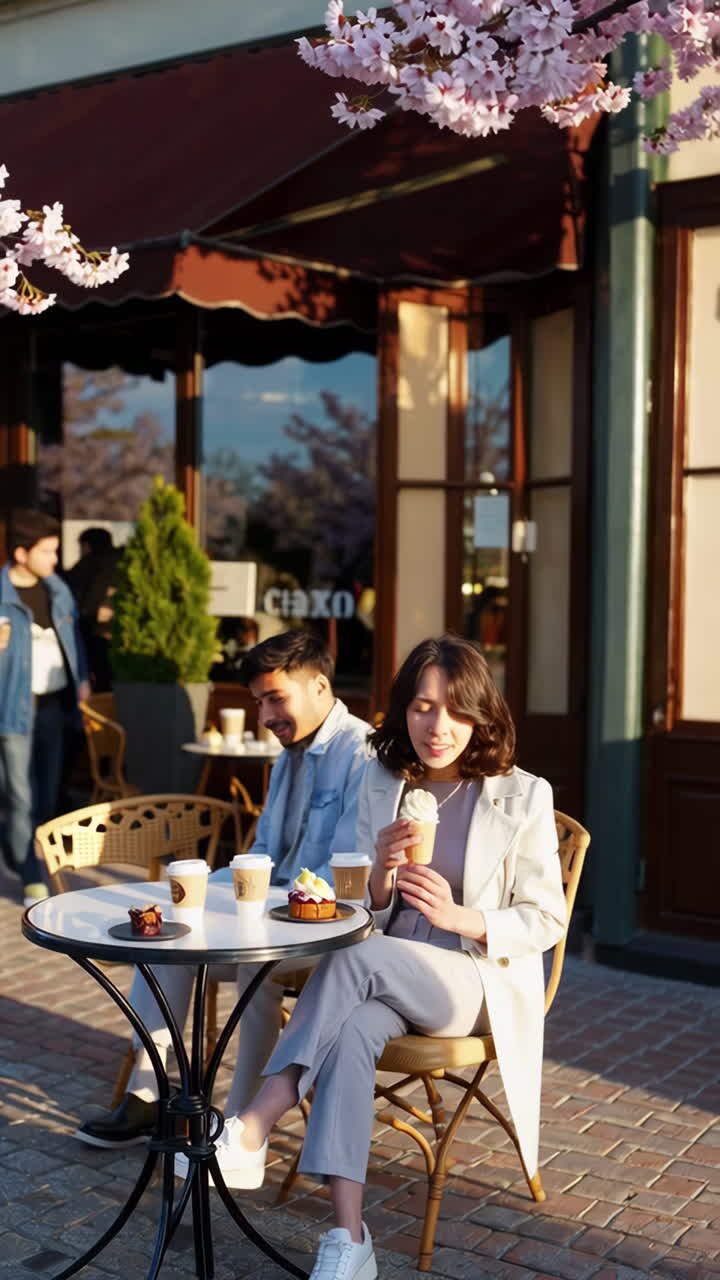 People Enjoying Coffee and Pastries at an Outdoor Cafe with Cherry Blossoms