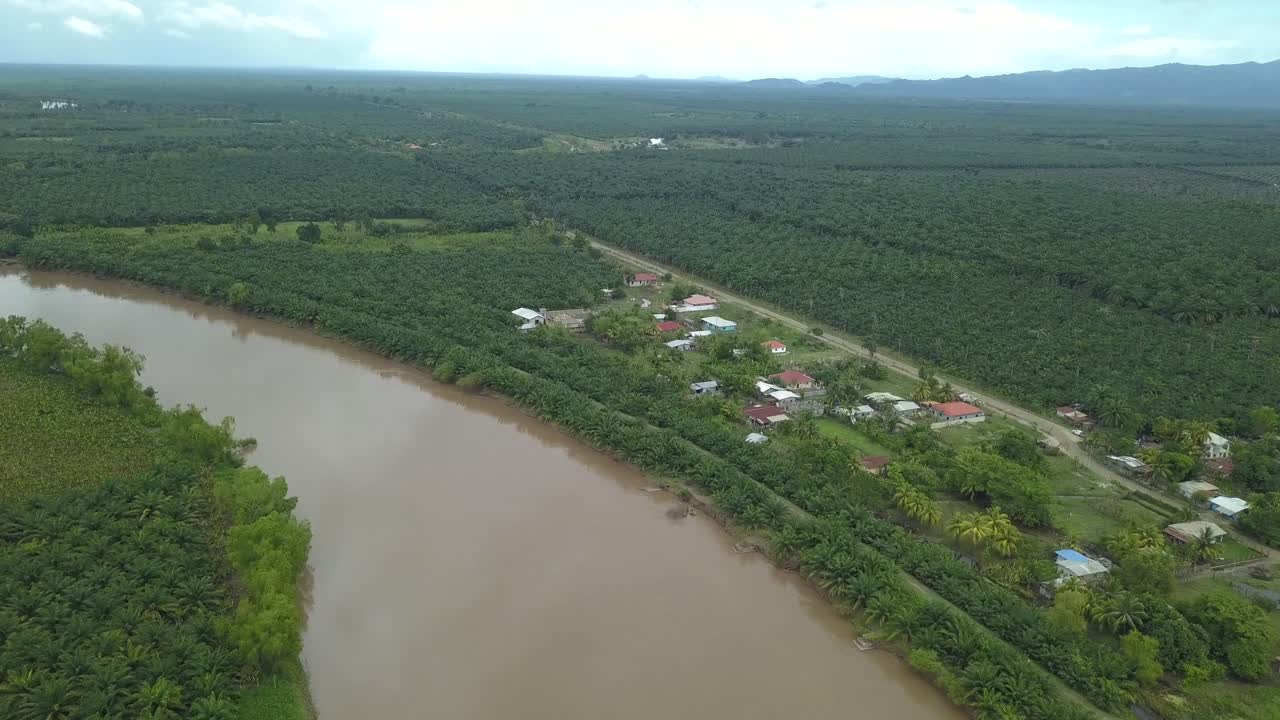 Big green plantations in Honduras with a river next to a small village