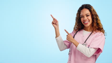 Mockup,-excited-woman-or-doctor-pointing-in-studio