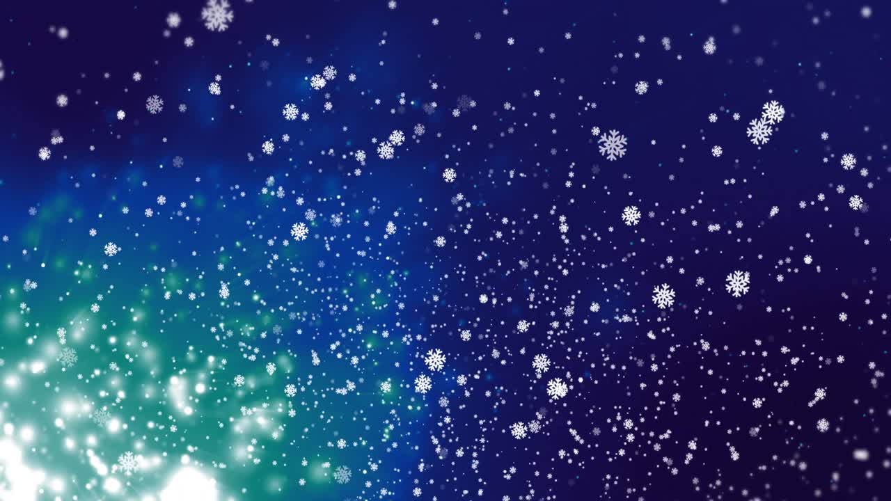 파란색 배경에서 움직이는 눈송이와 불빛의 애니메이션