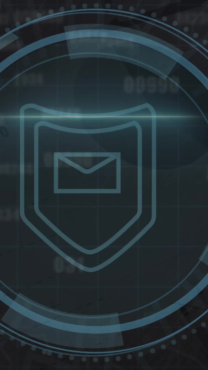 An animation of a digital shield in a circle with cyber security statistics on a black background