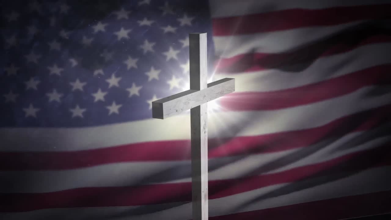 Animation of christian cross over waving flag of usa