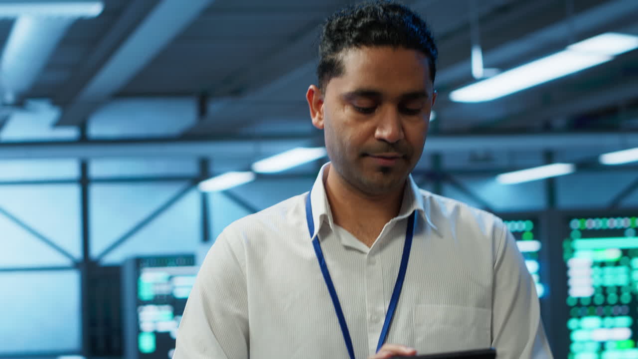 Engineer walking in data center, monitoring security threats