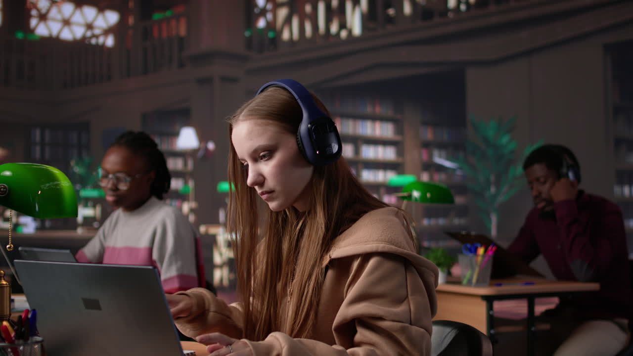 Vertical video young student attending to a web lecture with headset in the campus library