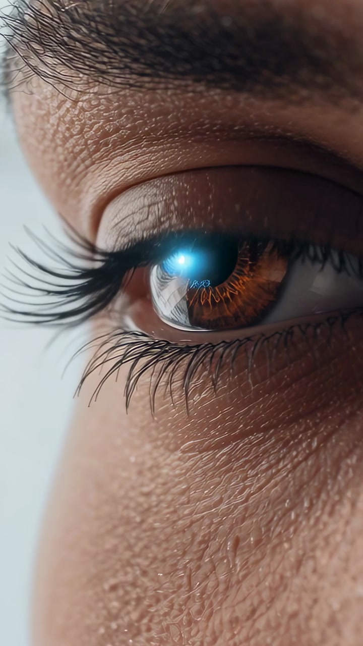 Vertical video: Person's right eye lifting eyelid, showing blue HUD ring and guiding biometric scan